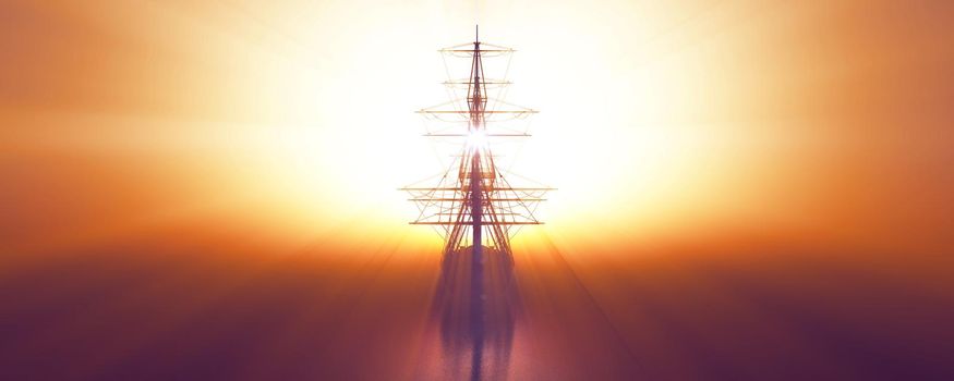 old ship sunset at sea 3d rendering illustration