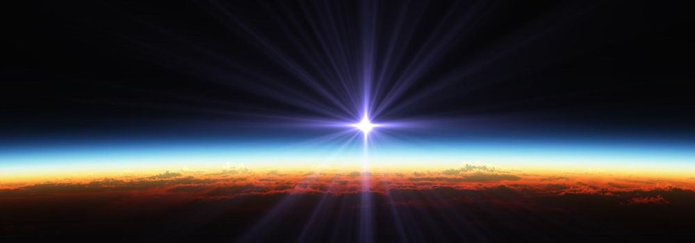 Earth sunrise from space over cloudy ocean. 3d rendering illustration