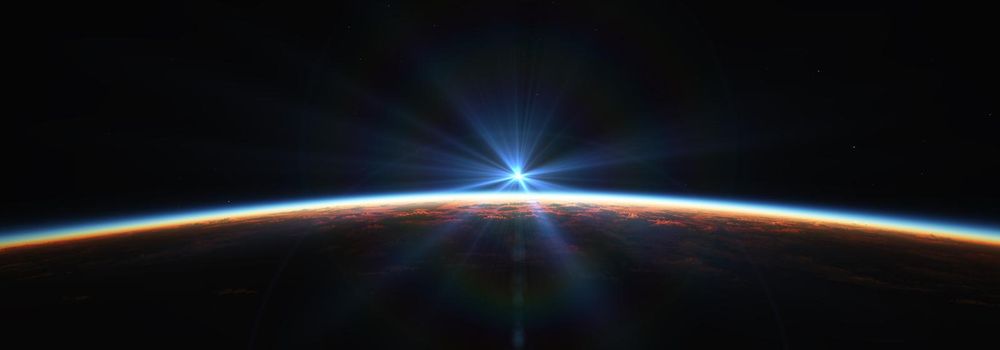 Earth sunrise from space over cloudy ocean. 3d rendering illustration