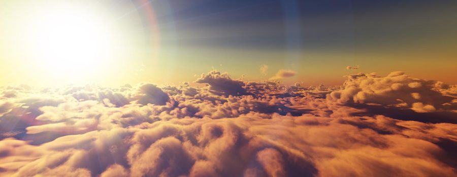 above clouds fly sunset sun ray illustration, 3d render