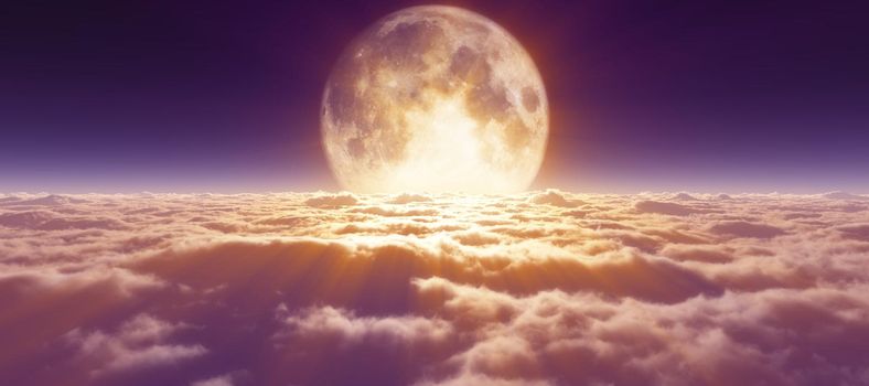 above clouds full moon illustration, 3d rendering