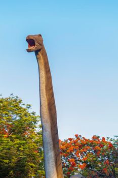 Dubai,UAE - 05.11.2021 - Austrosaurus replica exhibit at dinosaur park.