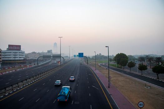 Foggy morning in Dubai city. UAE.