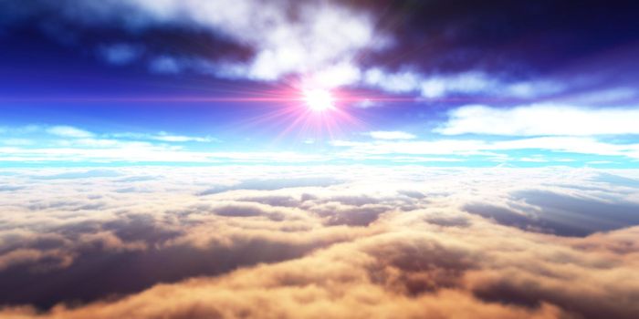 above clouds fly sunset sun ray illustration, 3d render