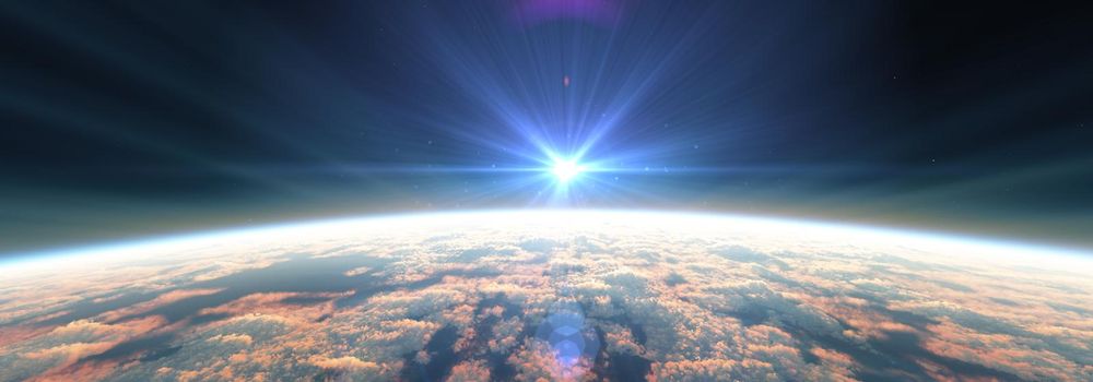 Earth sunrise from space over cloudy ocean. 3d rendering illustration