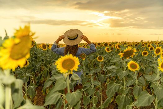 Beautiful middle aged woman looks good in a hat enjoying nature in a field of sunflowers at sunset. Summer. Attractive brunette with long healthy hair