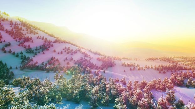 above winter forest mountain sunset 3D rendering illustration