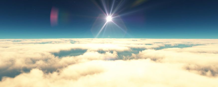 fly above clouds sunset landscape. 3d render illustration