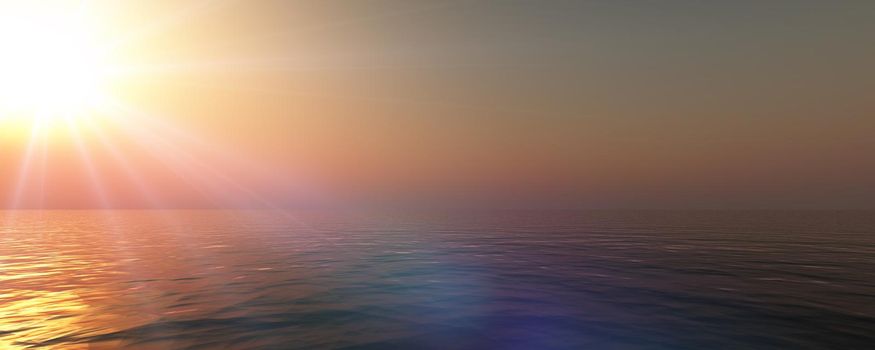 sunset sea sun ray clear sky, 3d rendering illustration