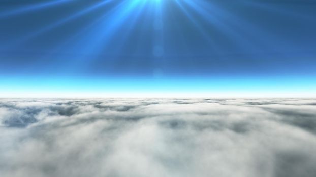 Above clouds sun ray, 3d rendering illustration