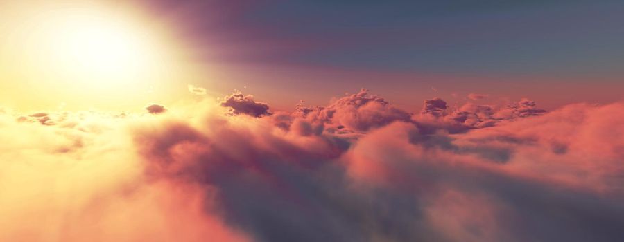 above clouds fly sunset sun ray illustration, 3d render