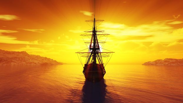 old ship sunset at sea illustration 3d rendering