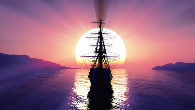 old ship sunset at sea illustration 3d rendering