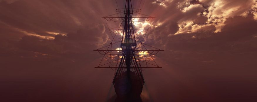 old ship sunset at sea 3d rendering illustration