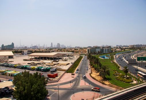 View of not a usual Dubai's skyline with warehouse on foreground. UAE. Outdoors shot
