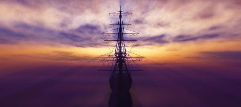 old ship sunset at sea 3d rendering illustration