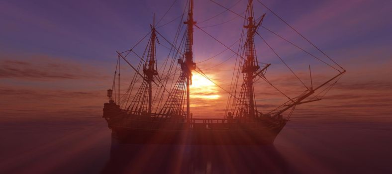 old ship sunset at sea 3d rendering illustration