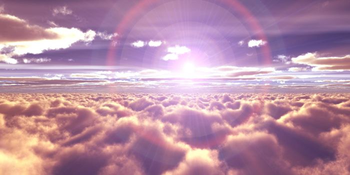 above clouds fly sunset sun ray illustration, 3d render