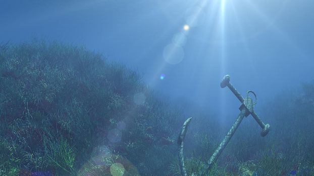 anchor under water sun ray illustration 3d rendering