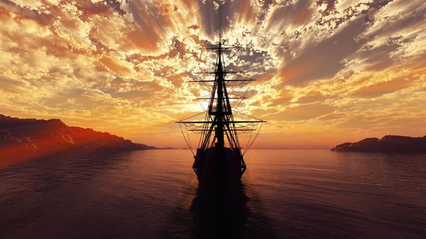 old ship sunset at sea illustration 3d rendering