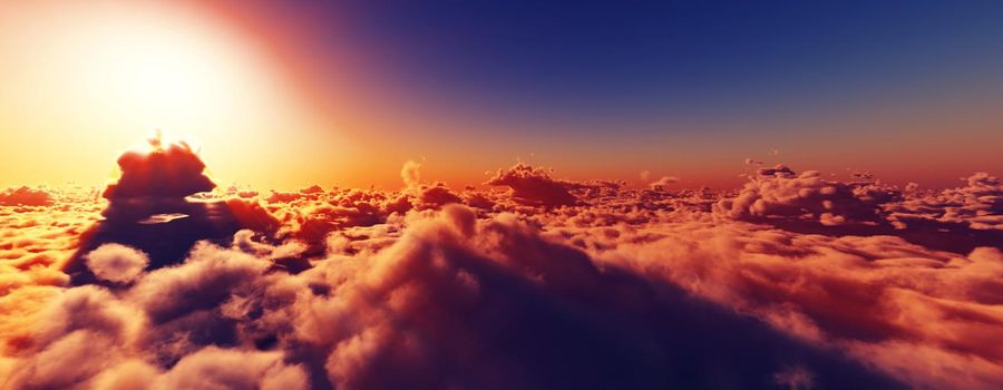 above clouds fly sunset sun ray illustration, 3d render