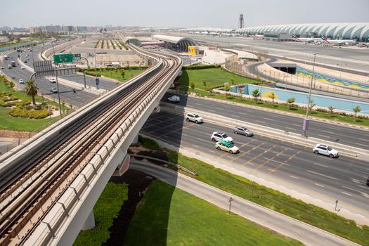 View of a Dubai international Airport, terminal 3. Terminal 3 metro station. Airport road. UAE. Outdoor