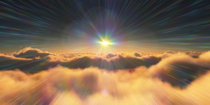 above clouds sunrise sun ray illustration, 3d rendering