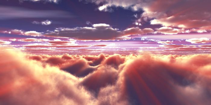 above clouds fly sunset sun ray illustration, 3d render