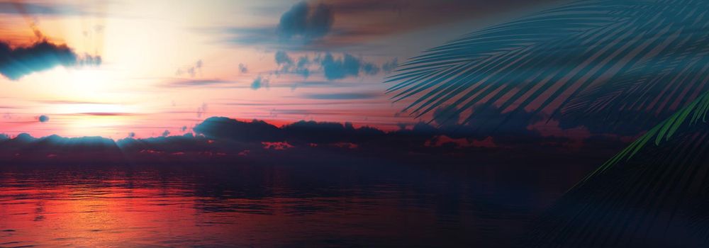 sunset sea palm landscape illustration, 3d render