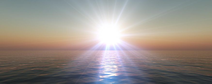 sunset sea sun ray clear sky, 3d rendering illustration