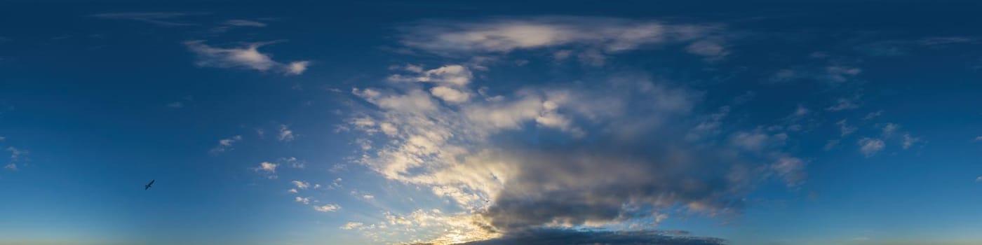 Sky panorama with Cirrus clouds in Seamless spherical equirectangular format. Full zenith for use in 3D graphics, game and editing aerial drone 360 degree panoramas for sky replacement