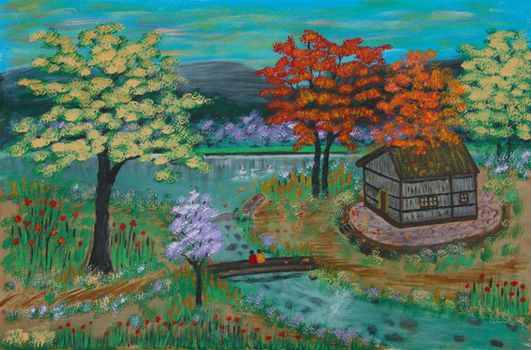 Canvas painting of colorful rural Thai home by river and flowering trees with mountain in background