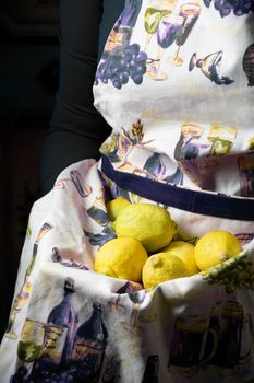 woman holding yellow lemons in apron, fresh fruit harvest, High quality photo