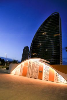 Benidorm, Alicante, Spain- September 11, 2022: Modern architecture buildings called Sunset Waves on the Poniente Beach Area in Benidorm at night