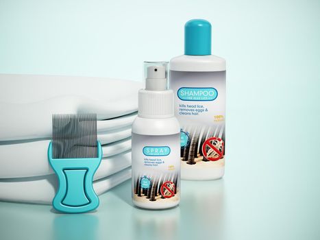 Hair lice shampoo, spray, metal lice and towel. 3D illustration.