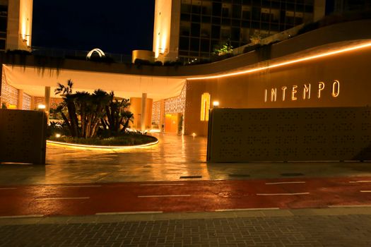 Benidorm, Alicante, Spain- September 11, 2022: Main entrance of the building called Intempo on the Poniente Beach Area in Benidorm at night