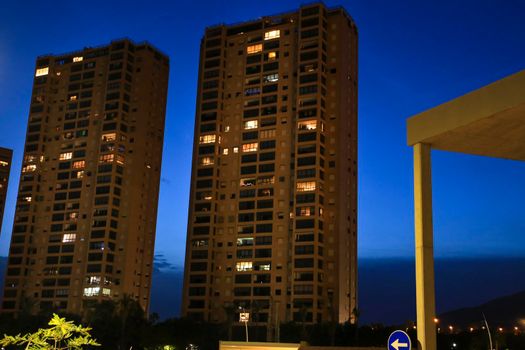 Benidorm, Alicante, Spain- September 11, 2022: Modern architecture buildings on the Poniente Beach Area in Benidorm at night