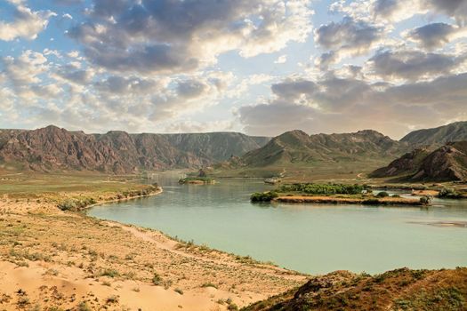Ili river landscape in Tamgaly tas tract in Almaty region in Kazakhstan.
