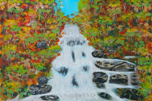 Canvas Oil painting of waterfall surrounded by colorful autumn leaves