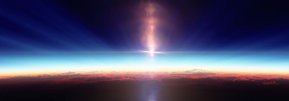 Earth sunrise from space over cloudy ocean. 3d rendering illustration