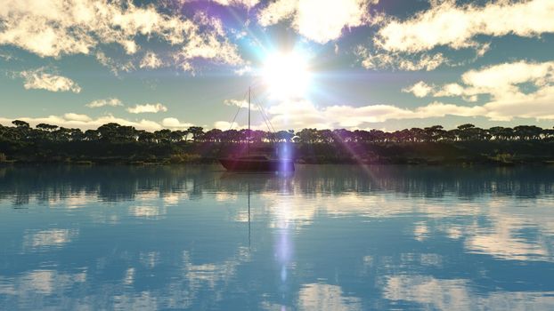 Beautiful sunset over the tropical lagoon, illustration 3d rendering