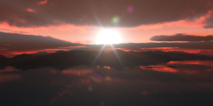 above islands in sea sunset, illustration 3d rendering