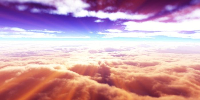 above clouds fly sunset sun ray illustration, 3d render