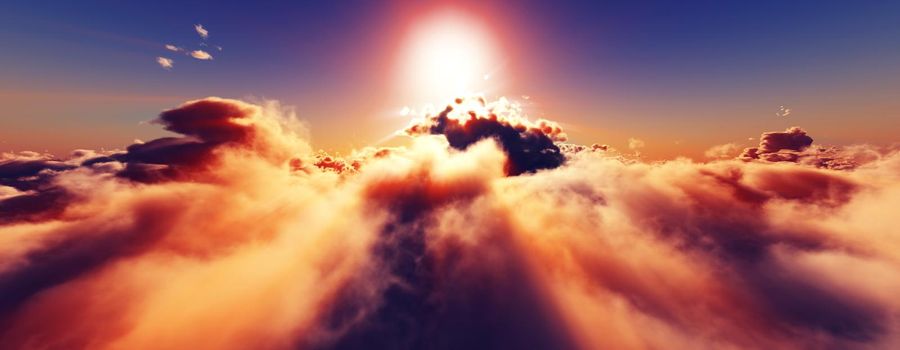 above clouds fly sunset sun ray illustration, 3d render