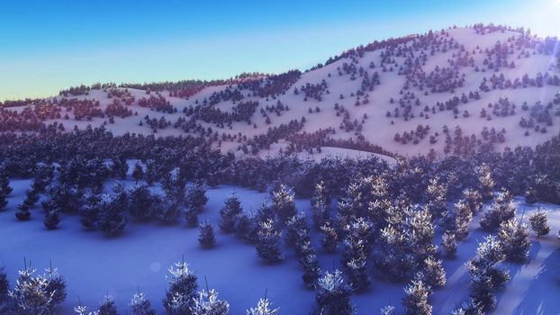 above winter forest mountain sunset 3D rendering illustration