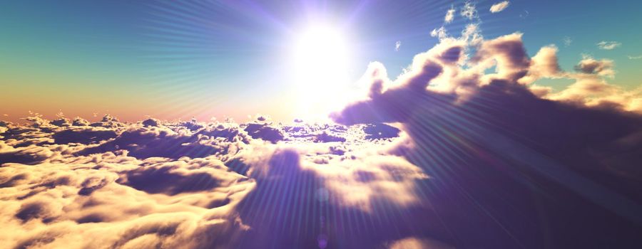 above clouds fly sunset sun ray illustration, 3d render