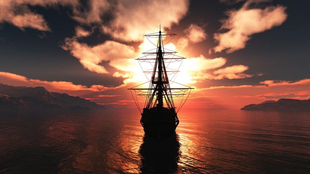 old ship sunset at sea illustration 3d rendering