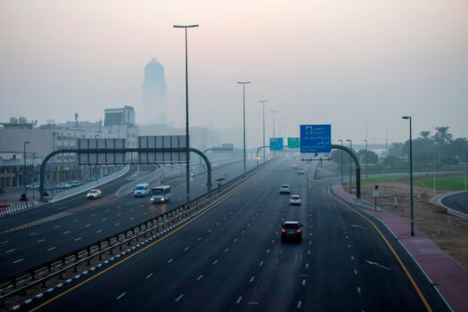 Foggy morning in Dubai city. UAE.