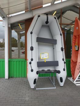 KIEV, UKRAINE - SEPTEMBER 12, 2022: Sale of an inflatable the boat