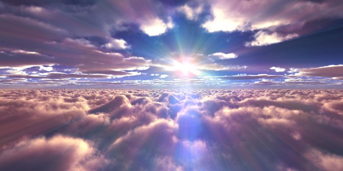 above clouds fly sunset sun ray illustration, 3d render